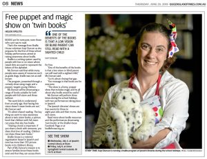 Article from the Queensland Times featuring Kayt Duncan with the headline "Free puppet and magic show on twin books"