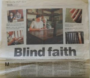 Newspaper clipping from Sunday Mail, dated Oct 99, titled 'Blind faith'