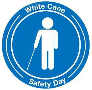 circle with the text white cane safety day and a picture of a person with a white cane