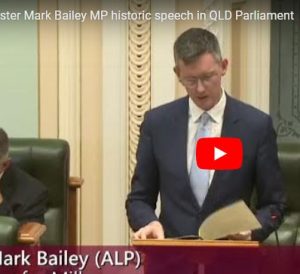 Still frame from the video of Minister Mark Bailey's speech in parliament.